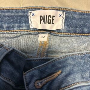 Paige denim skinny jeans, size 32. Distressed on pockets & at hem EUC